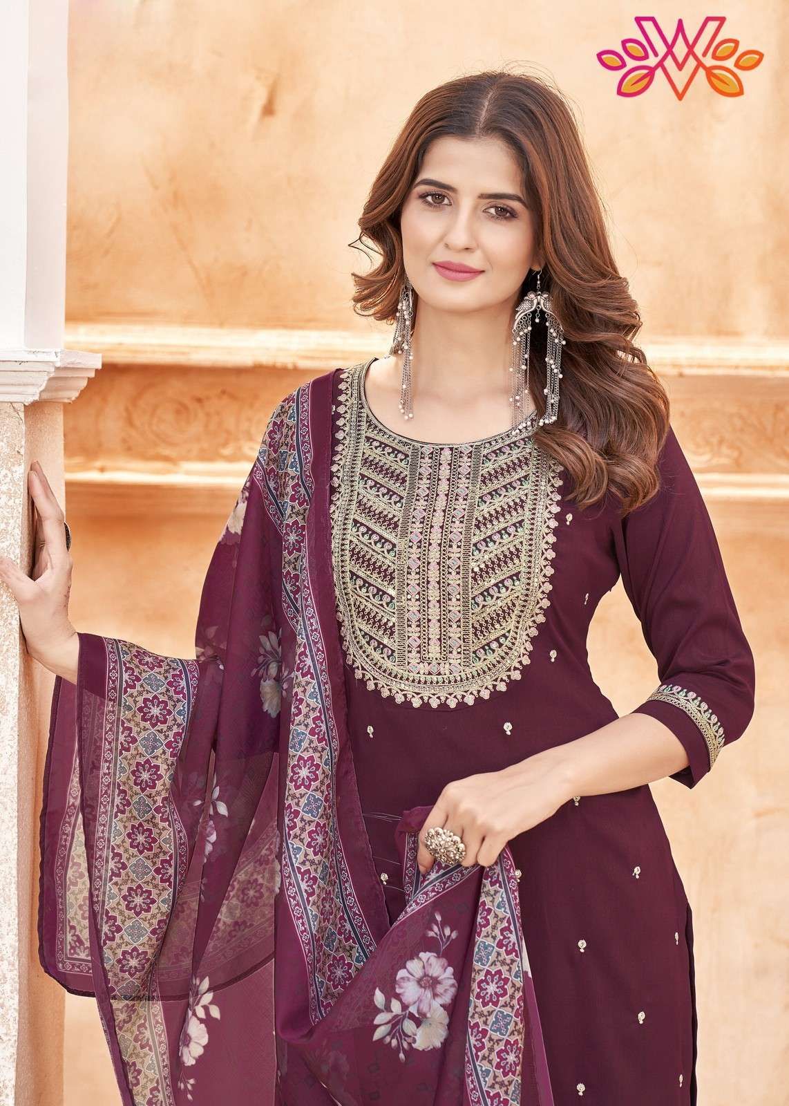 Wine Color Embroidery Work Straight Salwar Suit