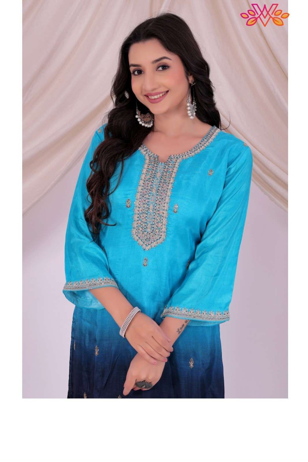 Blue Ombre Dola Silk Kurta Set with Santoon Pants