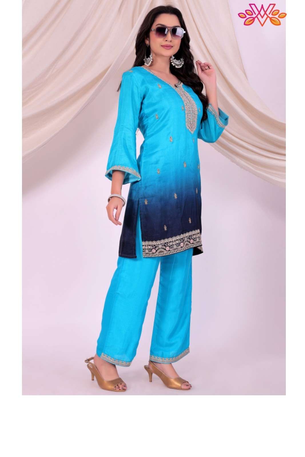 Blue Ombre Dola Silk Kurta Set with Santoon Pants
