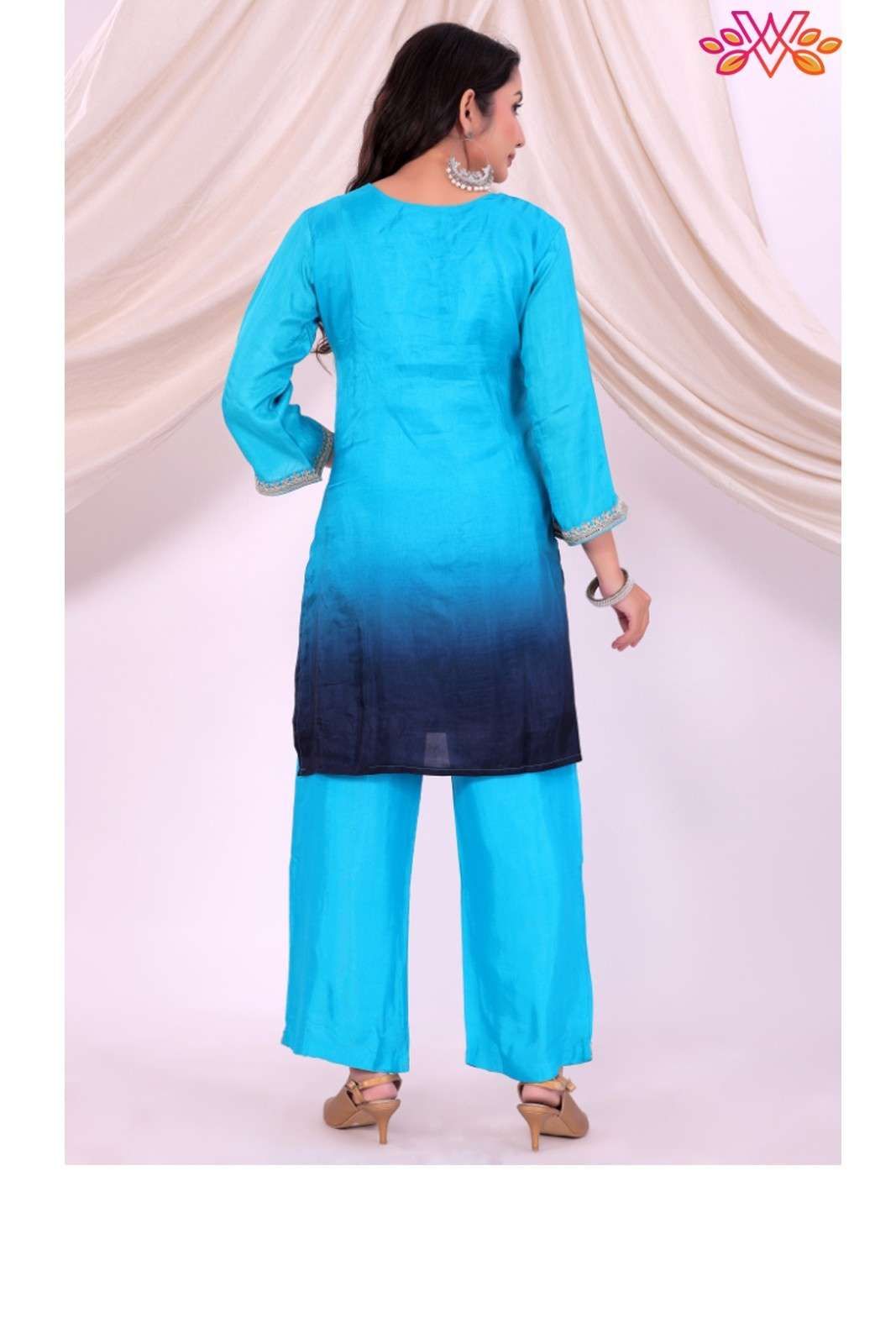 Blue Ombre Dola Silk Kurta Set with Santoon Pants