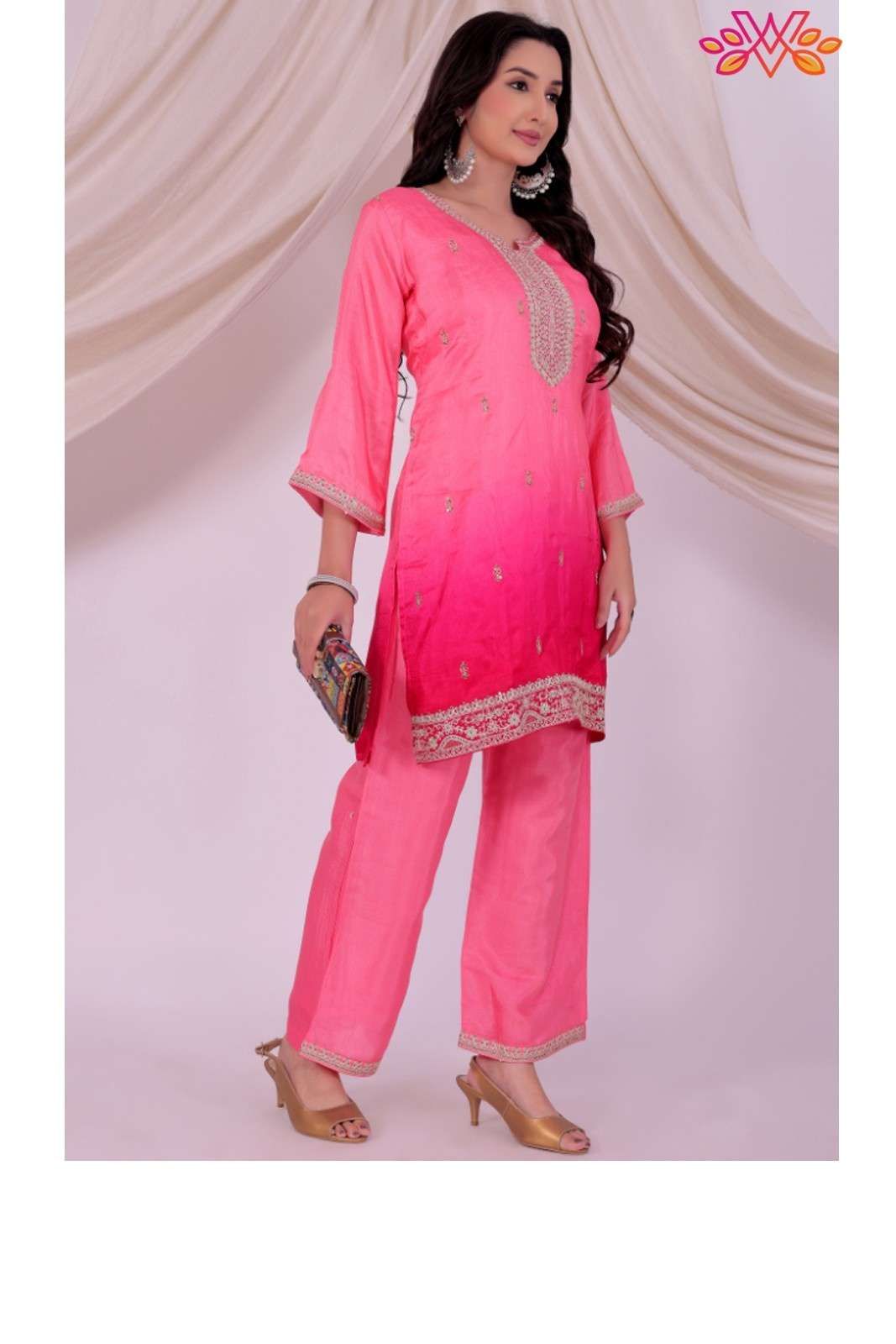Dark Pink Ombre Dola Silk Kurta Set with Santoon Pants