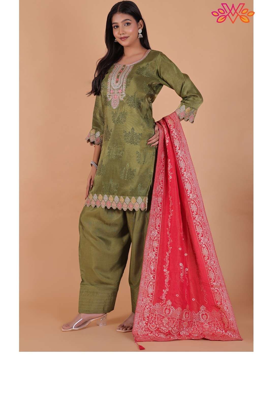 Green Embroidered Jacquard Butta Silk Blend Suit with Santoon Bottom & Dupatta