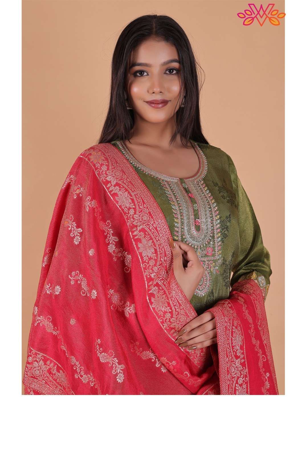 Green Embroidered Jacquard Butta Silk Blend Suit with Santoon Bottom & Dupatta