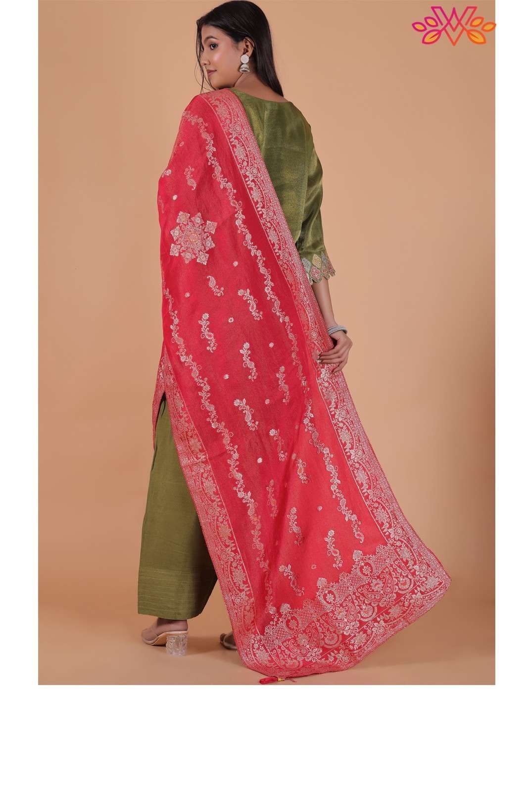Green Embroidered Jacquard Butta Silk Blend Suit with Santoon Bottom & Dupatta