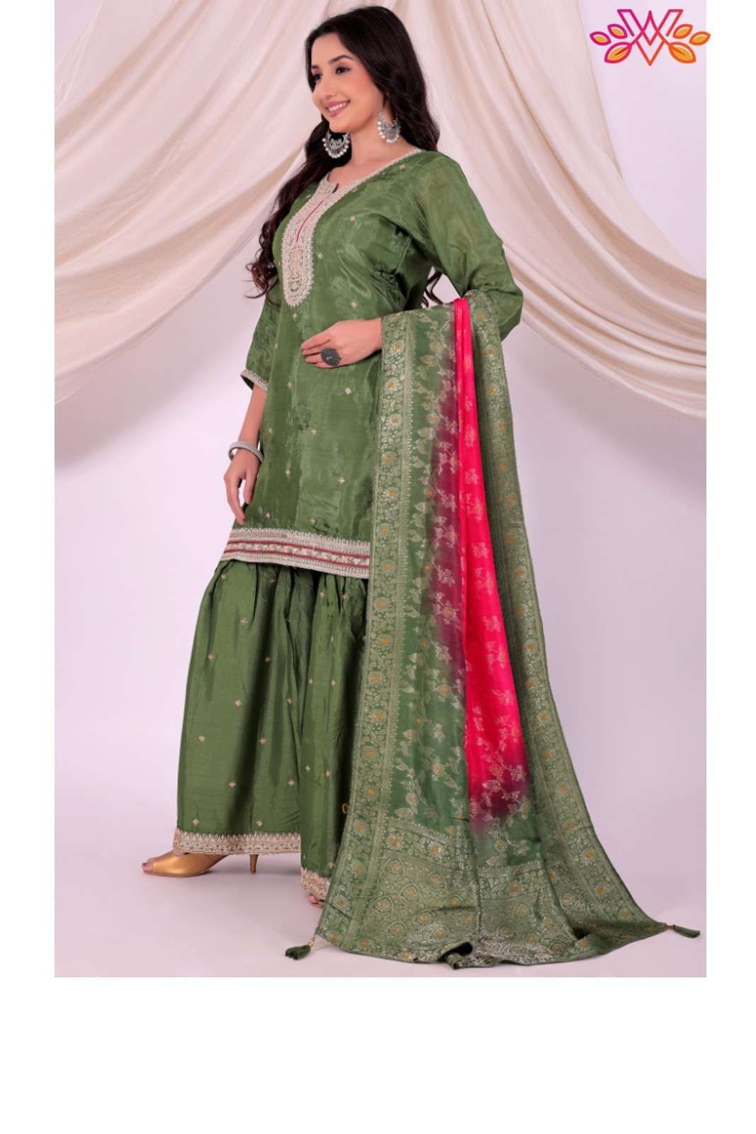 Green Embroidered Kurta Sharara Set with Contrast Dupatta