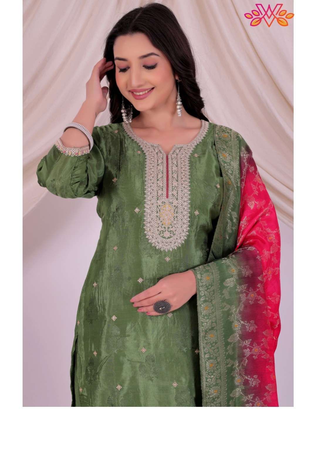 Green Embroidered Kurta Sharara Set with Contrast Dupatta