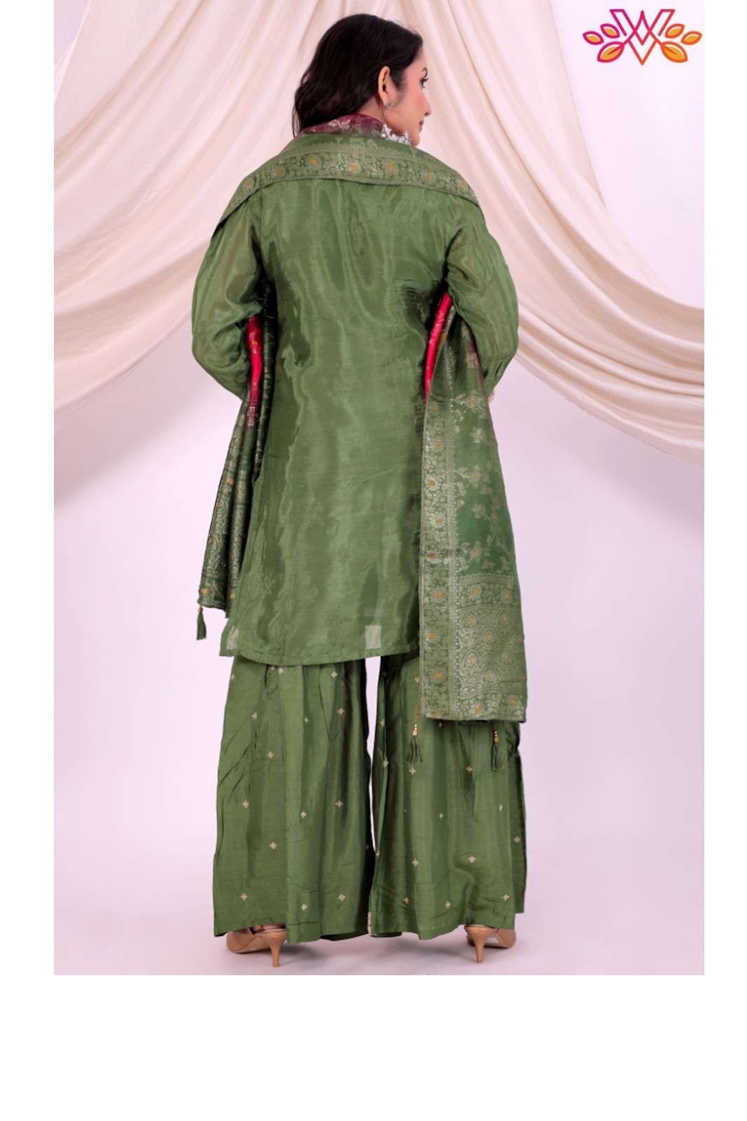 Green Embroidered Kurta Sharara Set with Contrast Dupatta