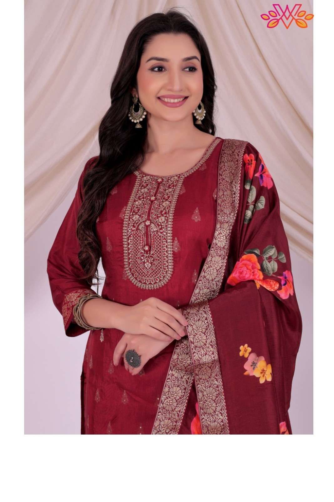 Maroon Embroidered Kurta Pant Set With Floral Print Dupatta