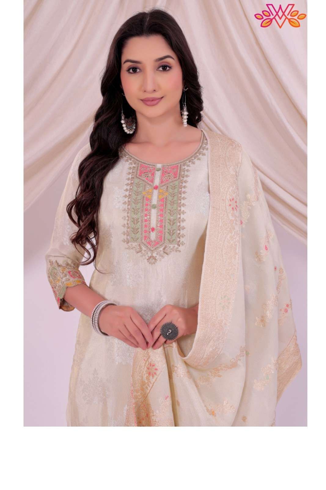 Off White Jacquard Embroidery Work Kurta Pant Set