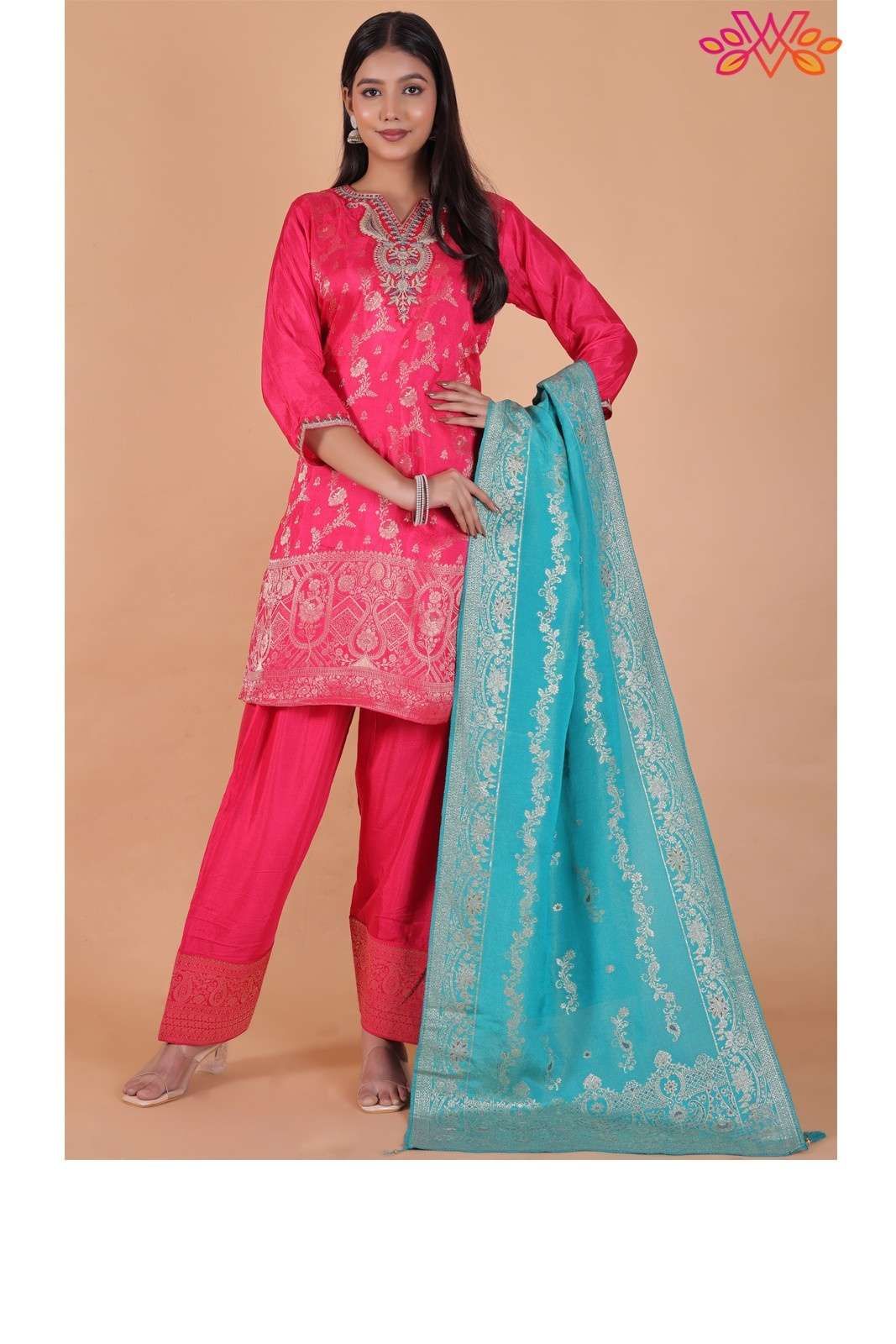 Pink Embroidered Jacquard Silk Blend Suit with Santoon Bottom & Dupatta