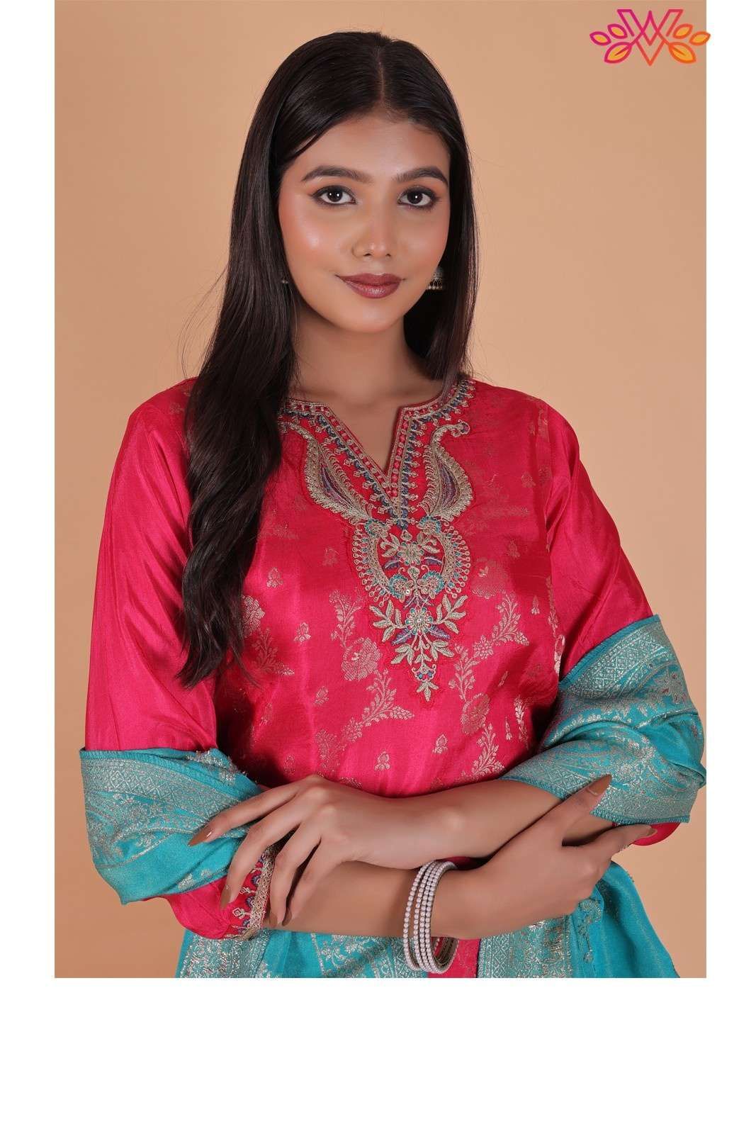 Pink Embroidered Jacquard Silk Blend Suit with Santoon Bottom & Dupatta