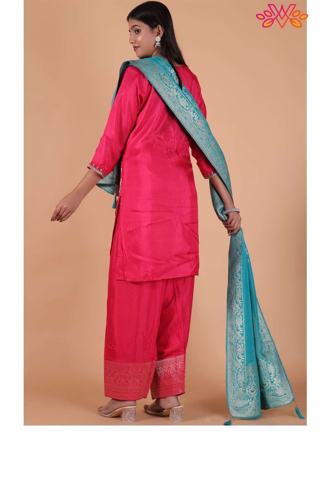 Pink Embroidered Jacquard Silk Blend Suit with Santoon Bottom & Dupatta