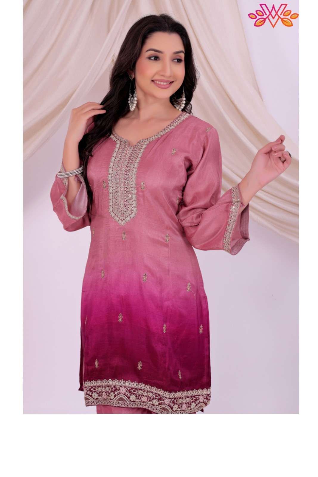 Pink Ombre Dola Silk Kurta Set with Santoon Pants