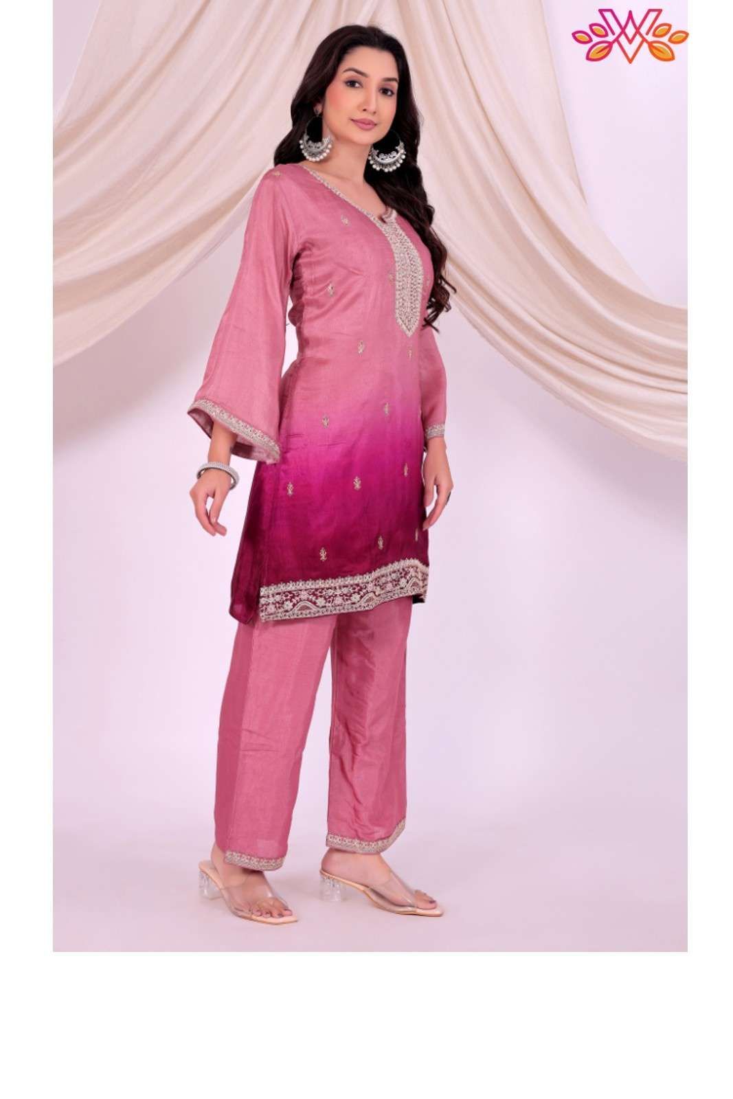 Pink Ombre Dola Silk Kurta Set with Santoon Pants