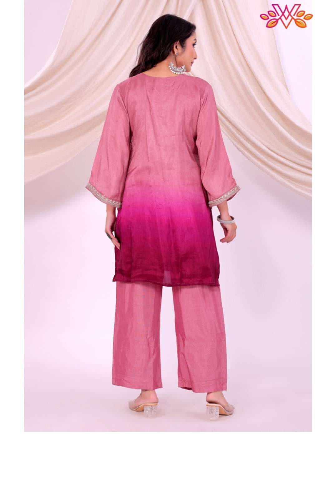 Pink Ombre Dola Silk Kurta Set with Santoon Pants