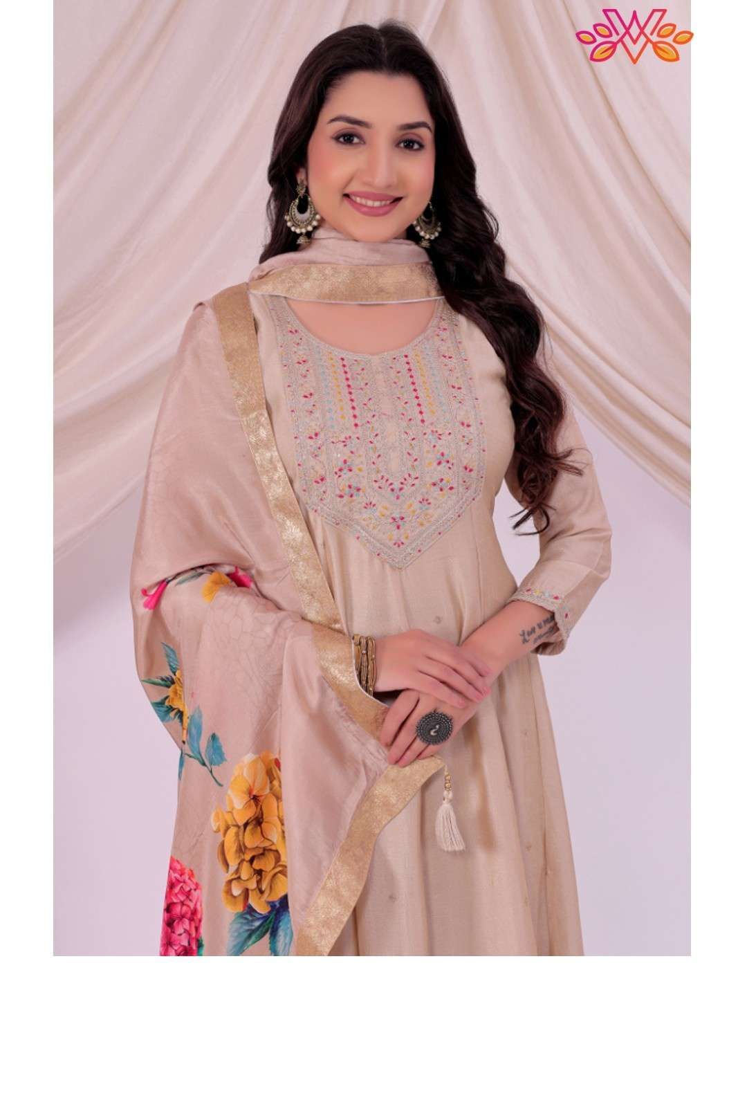 Premium Beige Embroidered Kurta Set for Women | Festive & Party Wear Suit with Floral Dupatta
