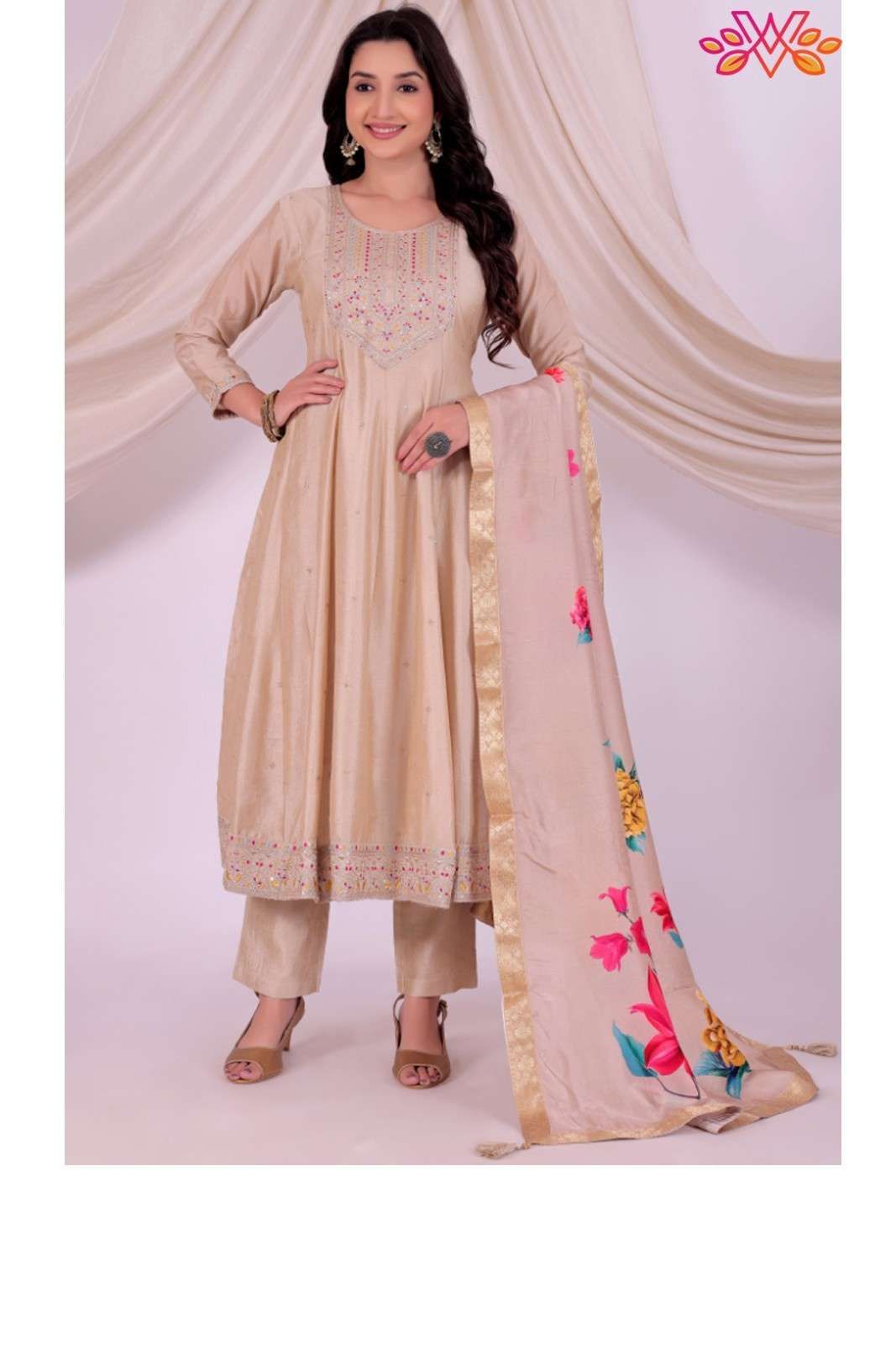 Premium Beige Embroidered Kurta Set for Women | Festive & Party Wear Suit with Floral Dupatta