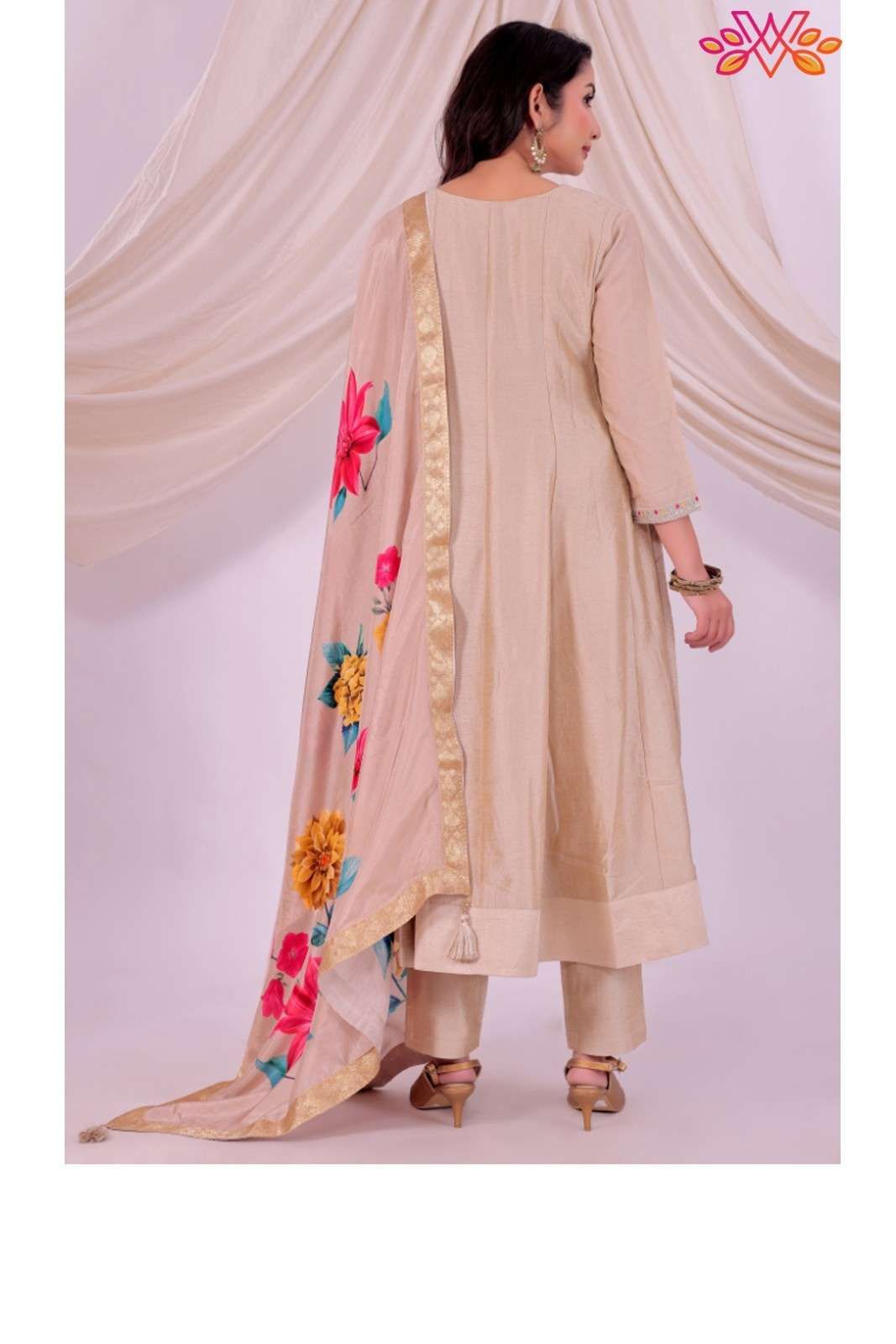 Premium Beige Embroidered Kurta Set for Women | Festive & Party Wear Suit with Floral Dupatta