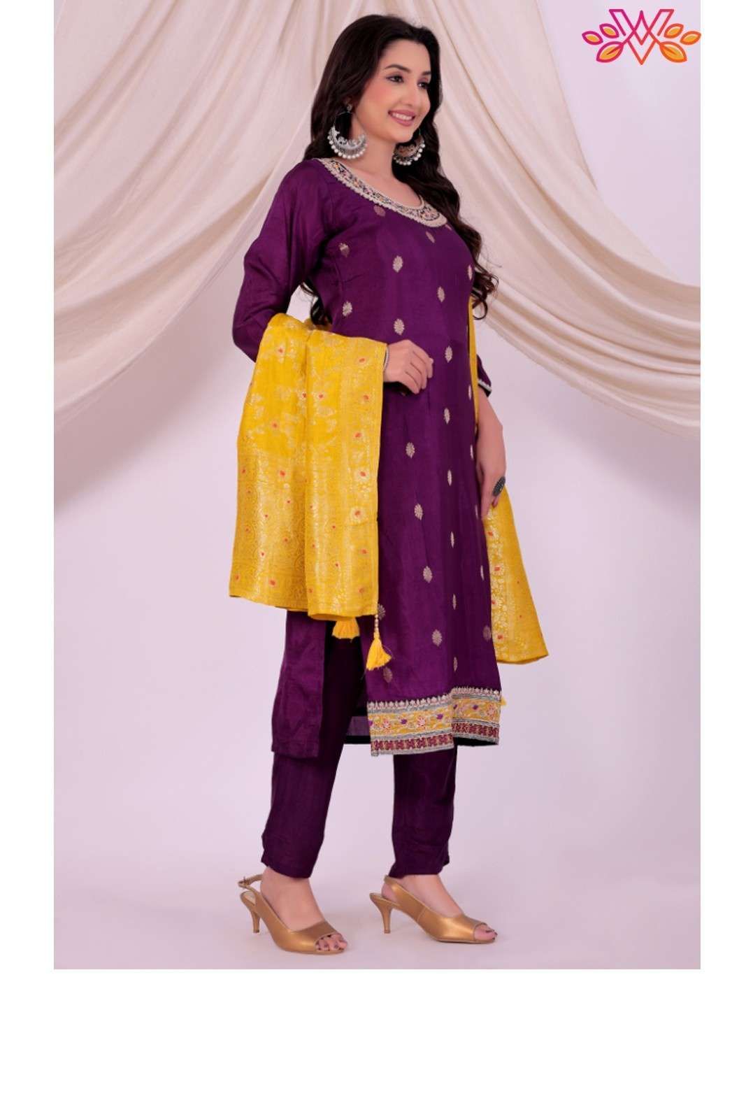 Purple Embroidered Kurta Set for Women with Contrast Dupatta