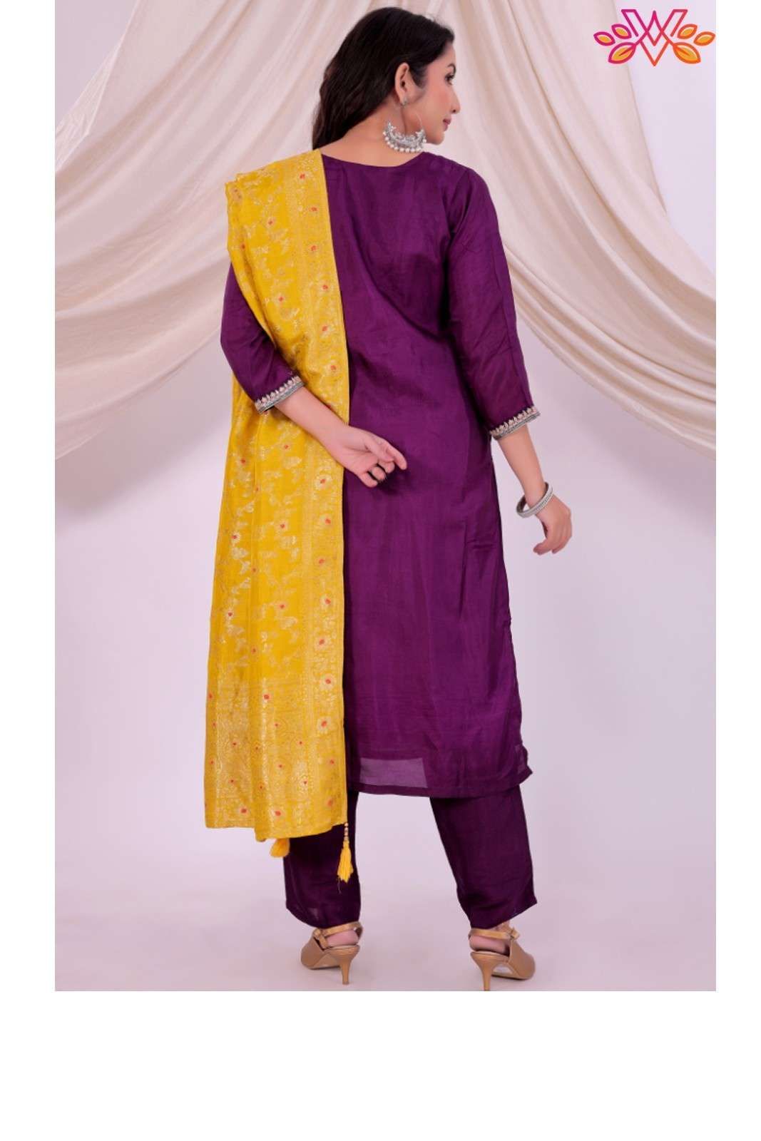 Purple Embroidered Kurta Set for Women with Contrast Dupatta