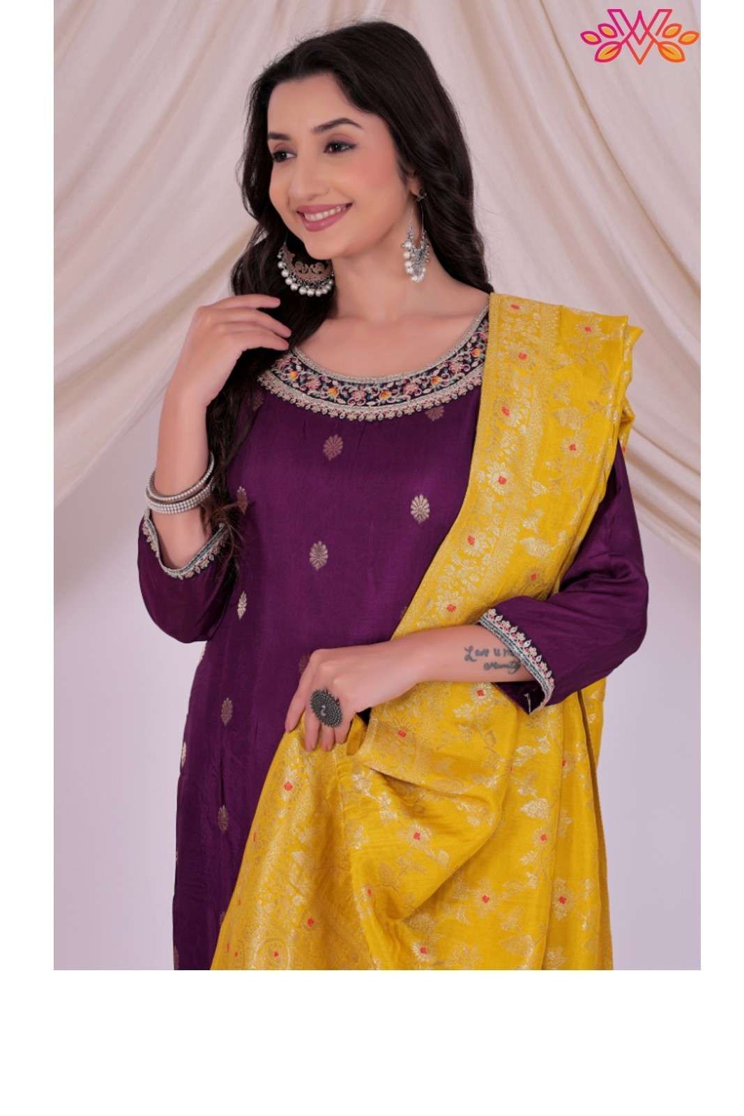 Purple Embroidered Kurta Set for Women with Contrast Dupatta