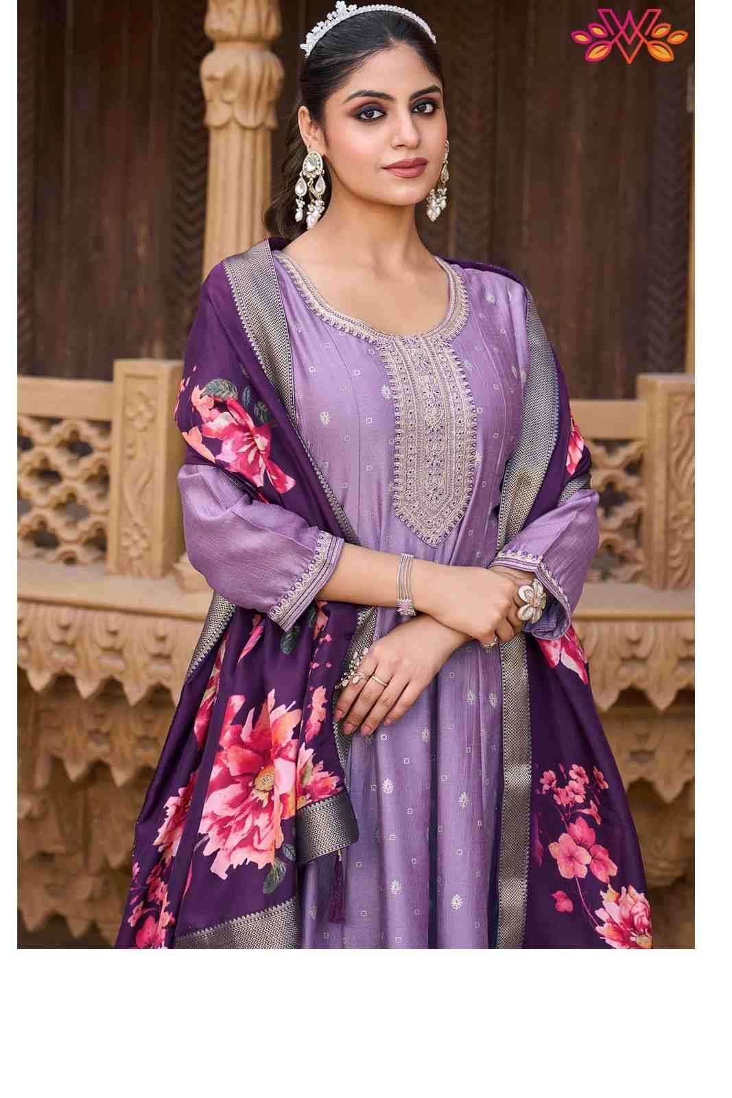 Purple Embroidered Work Anarkali Style Suit With Printed Dupatta