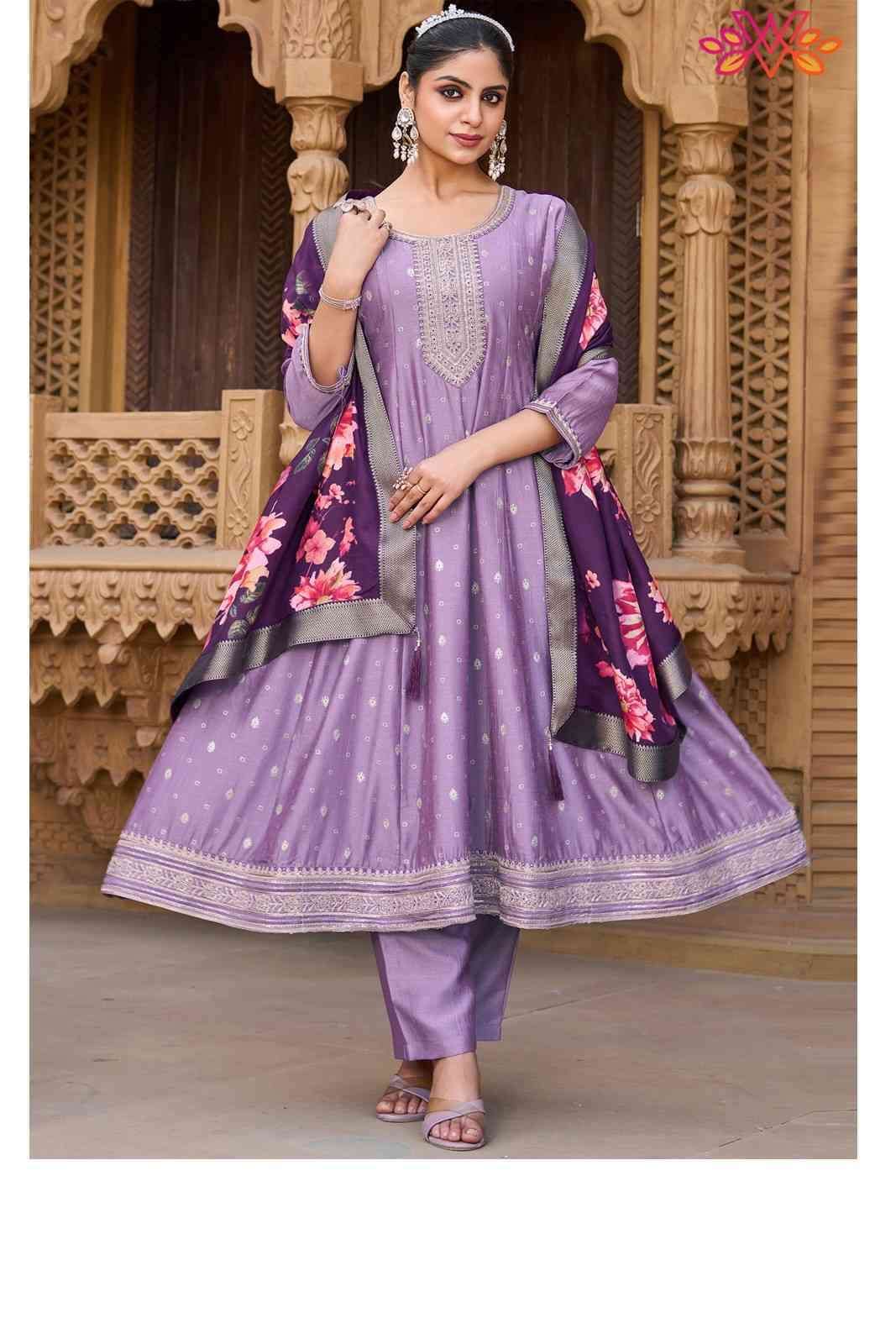 Purple Embroidered Work Anarkali Style Suit With Printed Dupatta
