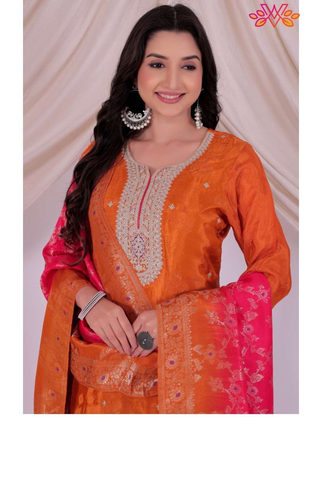 Rust Embroidered Kurta Sharara Set with Pink Contrast Dupatta