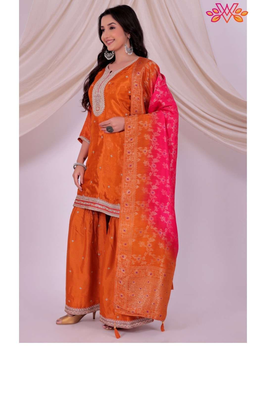 Rust Embroidered Kurta Sharara Set with Pink Contrast Dupatta