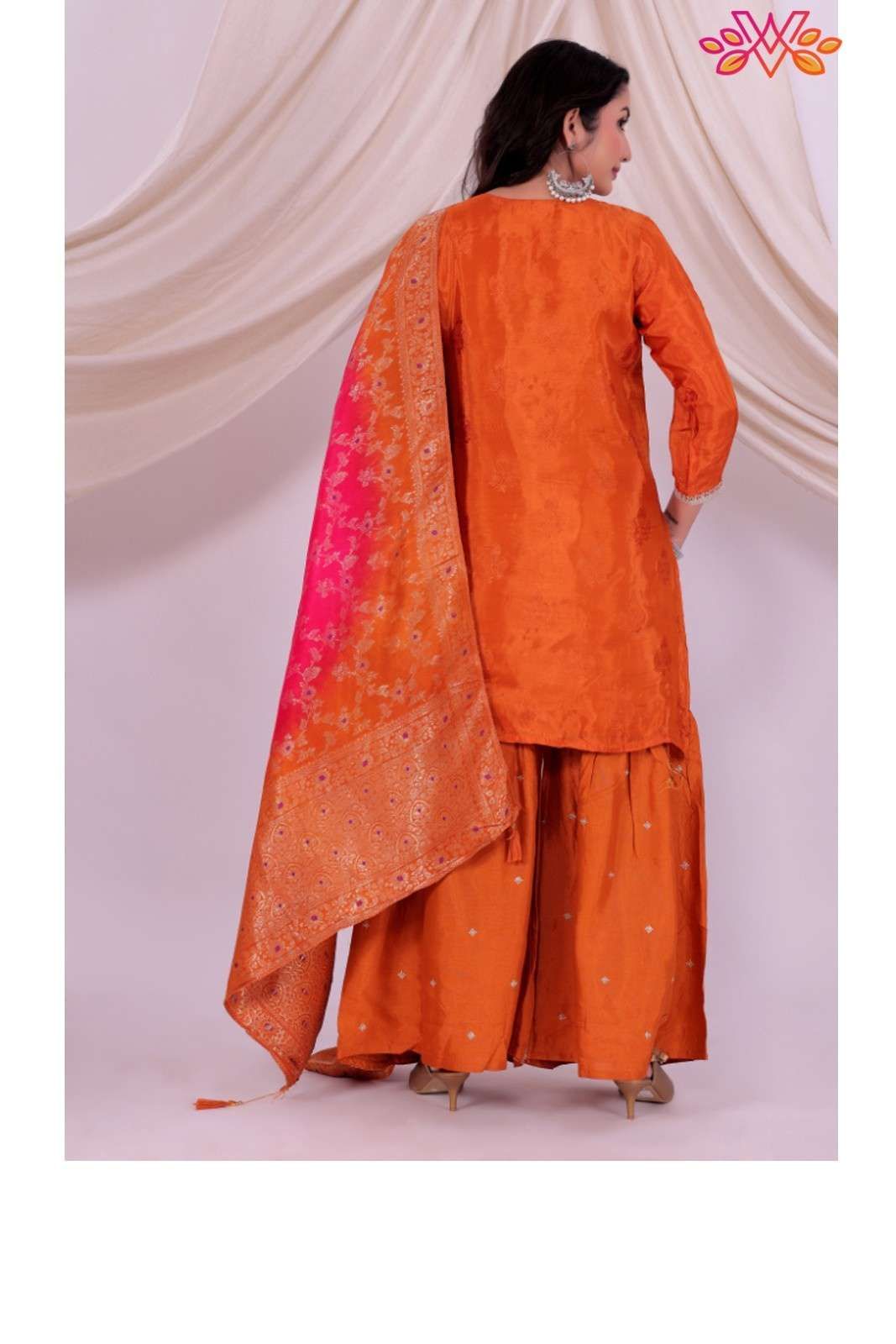 Rust Embroidered Kurta Sharara Set with Pink Contrast Dupatta