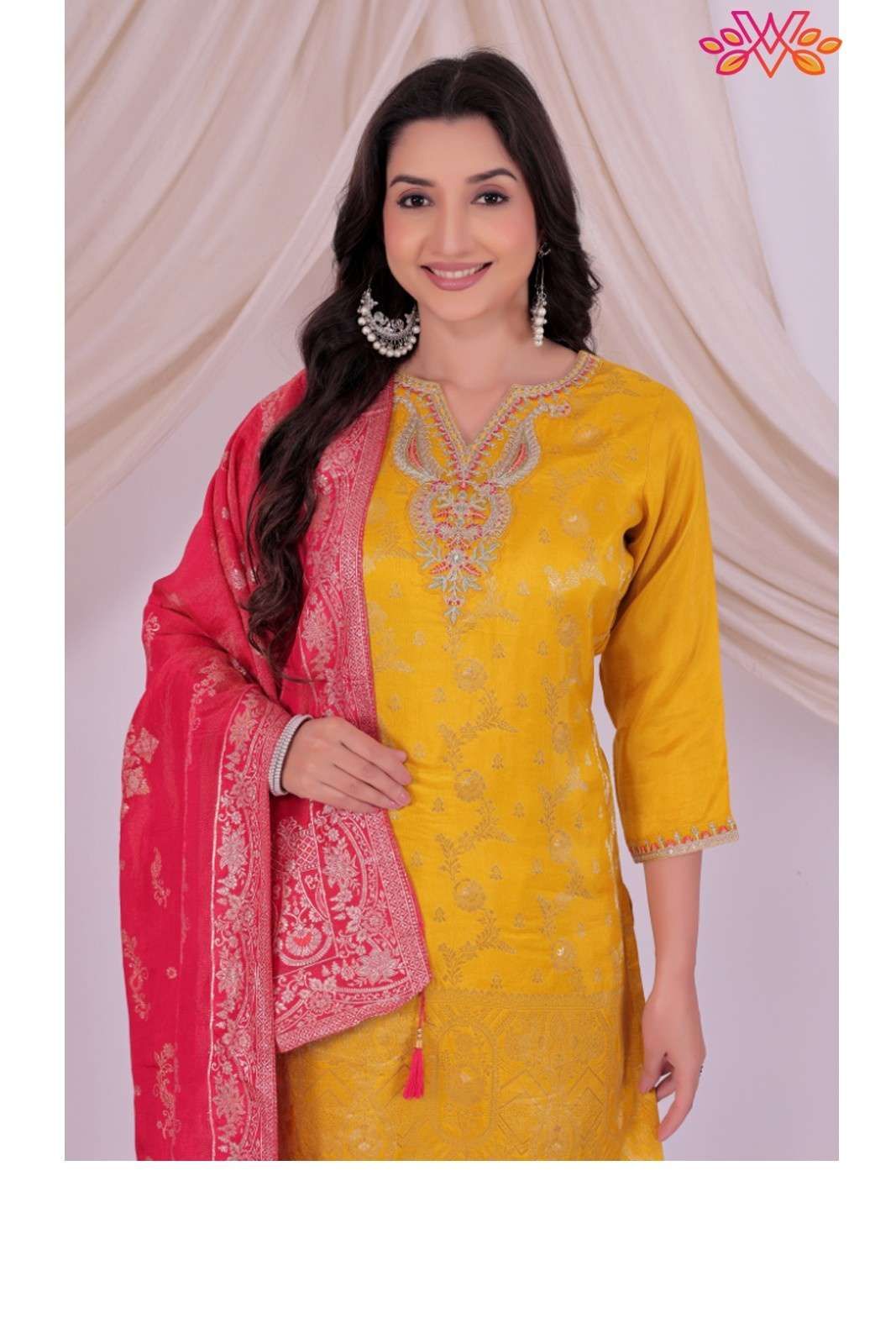 Yellow Embroidered Jacquard Silk Blend Suit with Santoon Bottom & Matching Dupatta